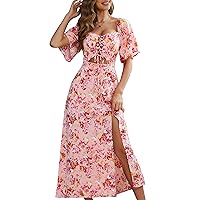 Womens Summer Floral Midi Dress 2024 Casual Boho Dresses Short Sleeve A-line Square Neck Tie Front Cutout Spring Dress