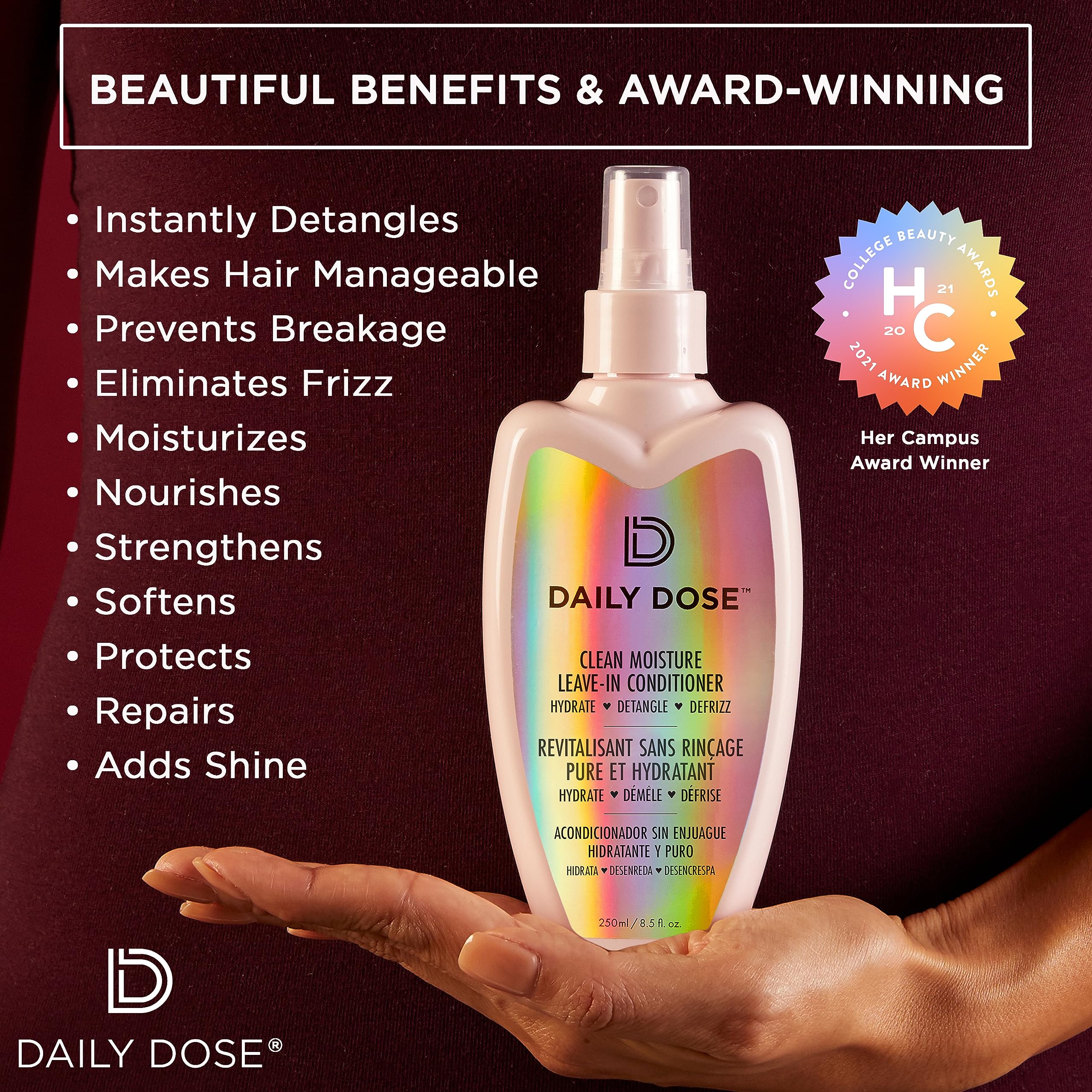 DAILY DOSE Leave-In Hair Conditioner Detangler Spray (Award Winning) 8.5oz, Paraben Free, Phthalates Free, Cruelty Free, Vegan