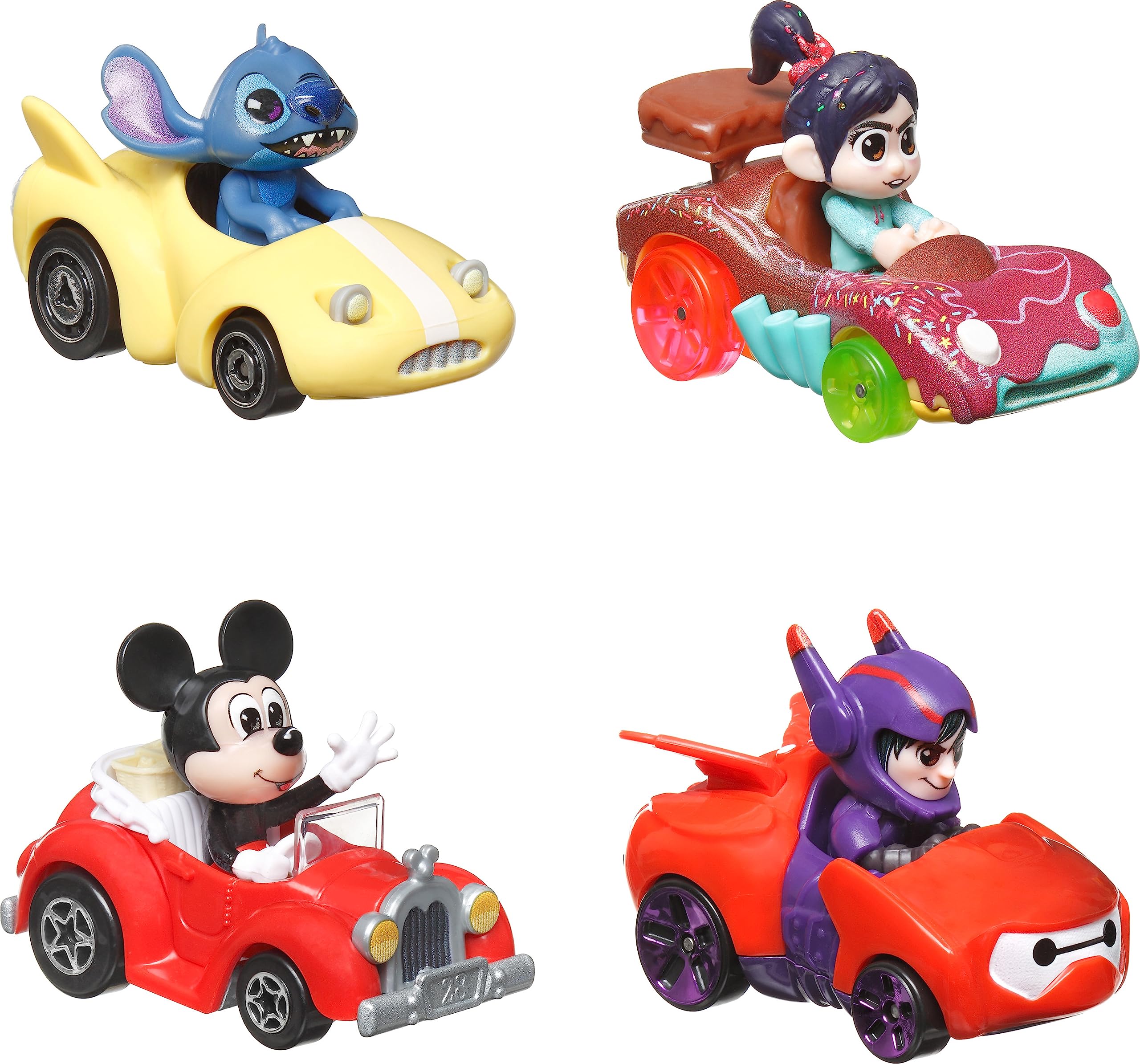 Hot Wheels RacerVerse, Set of 4 Die-Cast Disney Toy Cars Optimized for Hot Wheels Track with Popular Disney Characters as Drivers
