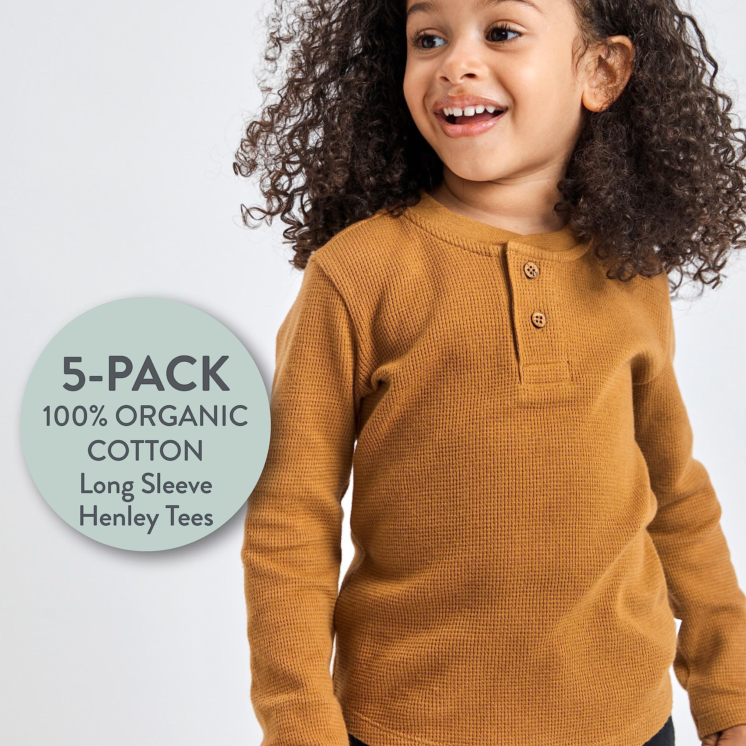 HonestBaby 5-Pack Waffle Henley Long Sleeve Shirts 100% Organic Cotton for Infant Baby and Toddler Boys, Unisex