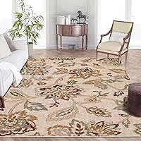 Superior Indoor Large Area Rug for Hallways, Entry, Office, Living/Bedroom, Hardwood, Tile, Floor Cover, Plush Carpet Cover, Modern Farmhouse Floral Decor, Jacobean Collection, 7' x 9', Stone