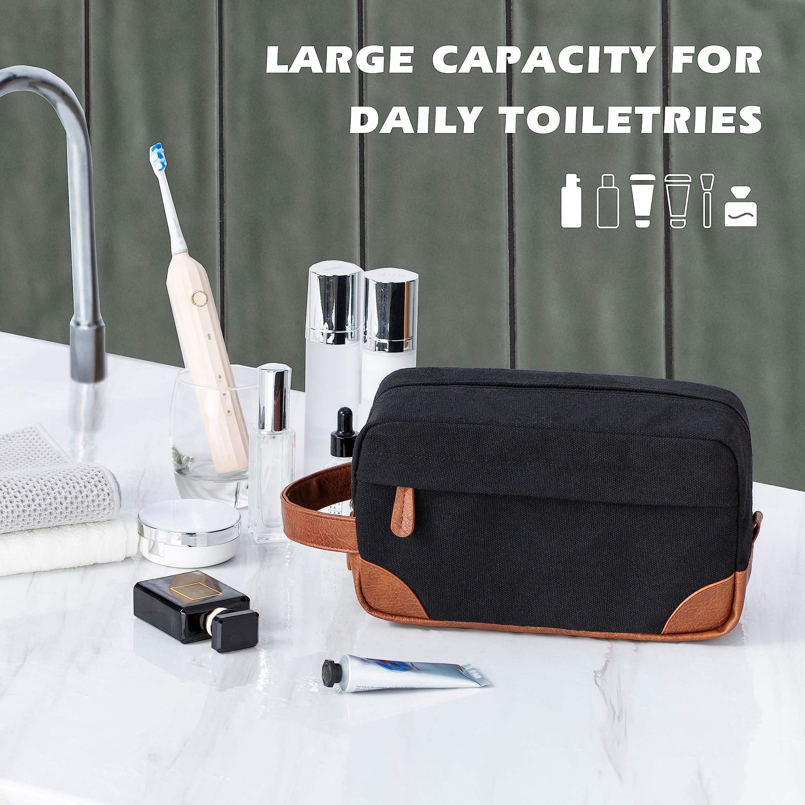 Vorspack Toiletry Bag Hanging Dopp Kit for Men Water Resistant Canvas Shaving Bag with Large Capacity for Travel- Black