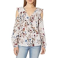 William Rast Women's Faye Printed Cold Shoulder Ruffled Blouse, Winsome Orchid Bohemian Field, Medium