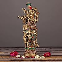 Brass Lord Krishna Statue, Stone Stud Mahadev Idol Hindu God Figurine,14