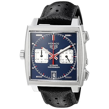 TAG Heuer Men's 'Monaco' Swiss Automatic Stainless Steel and Leather Dress Watch, Color:Black (Model: CAW211P.FC6356)