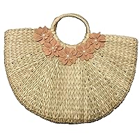 Natural Chic Hand-woven Round Handle Ring Toto Retro Casual Summer Beach Handbags (Natural Straw - 100% Handmade)