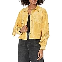 [BLANKNYC] Womens Jacket, & Luxury Clothing Faux Suede Fringe Shirt Jacket Comfortable Stylish Coat, Golden Glow, Large-X-Large US