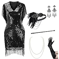BABEYOND 1920s Flapper Dress Set Long Fringed Gatsby Dress Set Roaring 20s Sequins Beaded Dress with Accessories Set Black