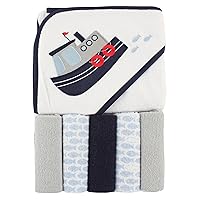Luvable Friends Unisex Baby Hooded Towel with Five Washcloths, Tugboat, One Size