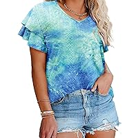 IN'VOLAND Womens Plus Size T Shirt V Neck Loose Fit Ruffle Sleeve Summer Hollow Casual Tops Blouse