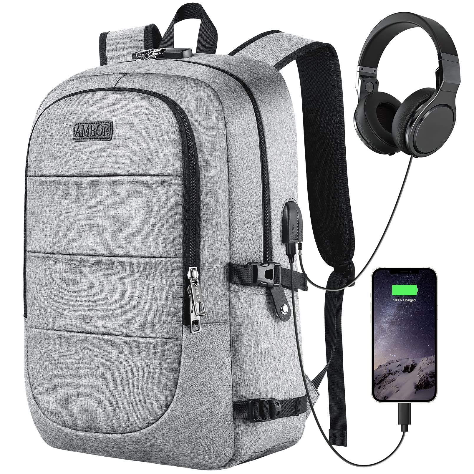 AMBOR Travel Laptop Backpack,17.3 inch Anti Theft Business Laptop Backpack with USB Charging Port and Headphone Interface, Backpack for Men & Women, Grey