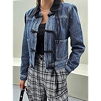 Women for Jackets - Contrast Collar Puff Sleeve Frog Button Denim Jacket (Color : Medium Wash, Size : Small)
