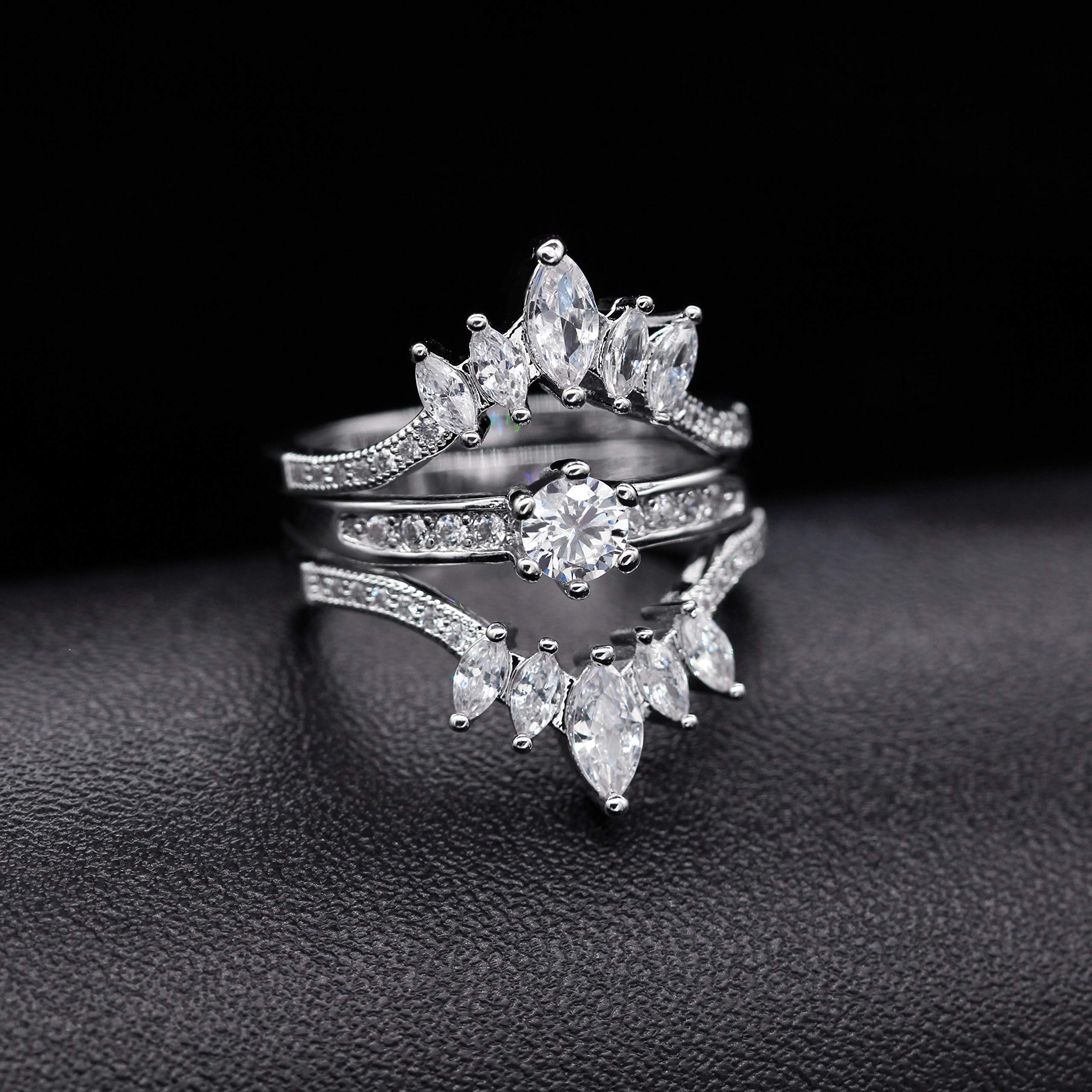 Uloveido Women Marquise Cut AAA White Cubic Zirconia Double Wedding Band Ring Guard Enhancer Engagement Y445