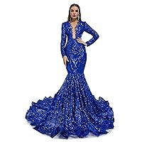 Women's Evening Prom Dress Long V Neck Long Sleeves Sequins Lace Mermaid Formal Bridal Wedding Party Gown
