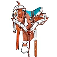 Premium Leather Western Barrel Racing Adult Horse Saddle Tack, Free Matching Leather Headstall, Breast Collar, Reins & Saddle Pad, 14-18 Inches Seat Available (12 Inches, White)