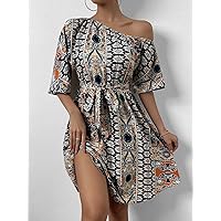 Fall Dresses for Women 2023 Allover Print Asymmetrical Neck Belted Dress Dresses for Women (Color : Multicolor, Size : Small)