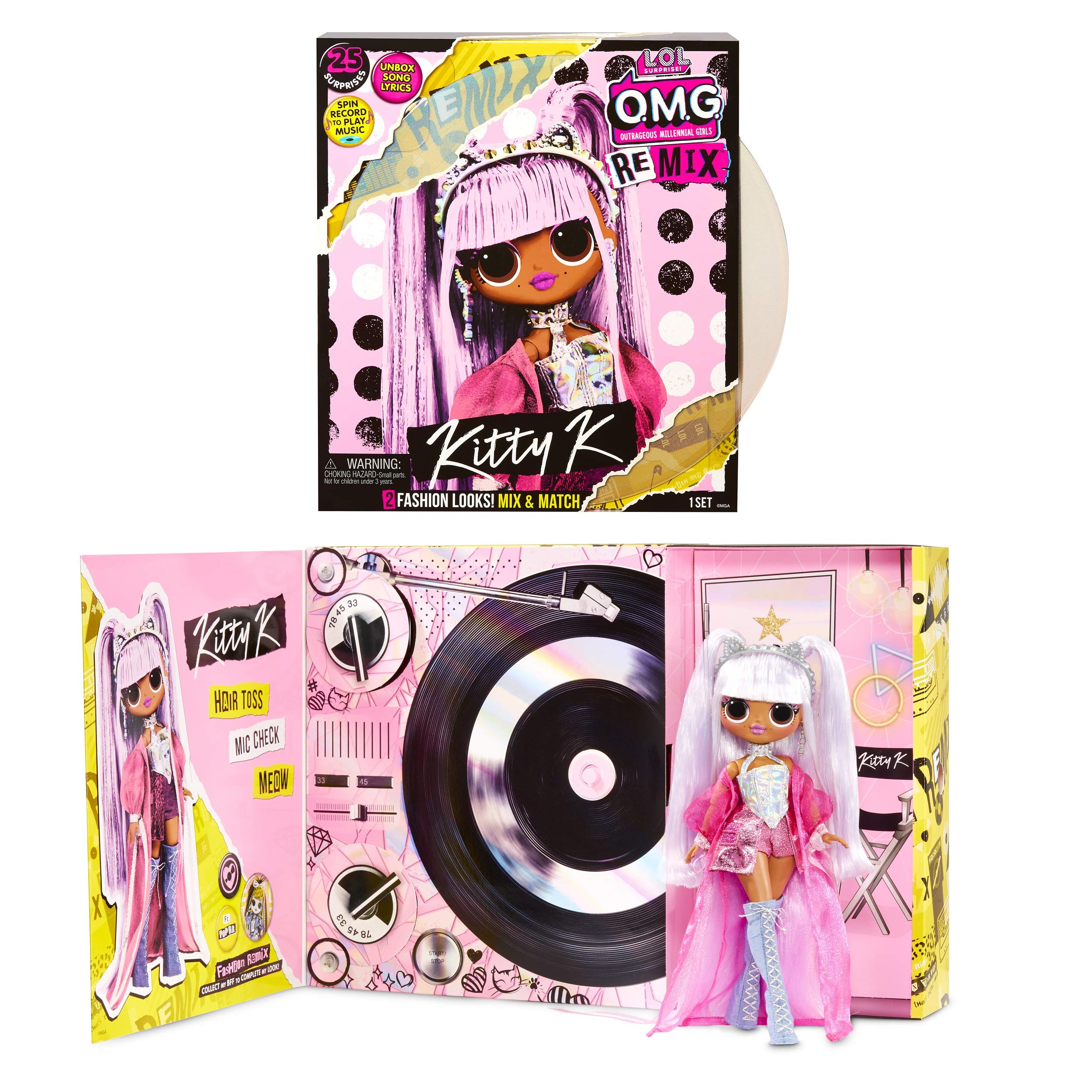 LOL Surprise OMG Remix Kitty K Fashion Doll – with 25 Surprises, Plays Music, with Extra Outfit, Shoes, Hair Brush, Doll Stand, Lyric Magazine, and Record Player Package - For Girls Ages 4+
