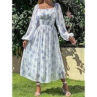 Women's Dress Allover Floral Print Lantern Sleeve Ruched Bust Chiffon Dress Dress for Women (Color : White, Size : Small)