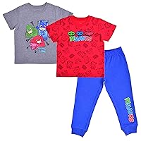 PJ Masks Boy's 3 Piece, Two T-Shirts and Jogger Sweatpants for Toddler and Little Kids- Blue/Red/Grey