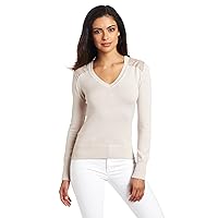 Minnie Rose Women's V Neck Shoulder Patch Pullover Sweater