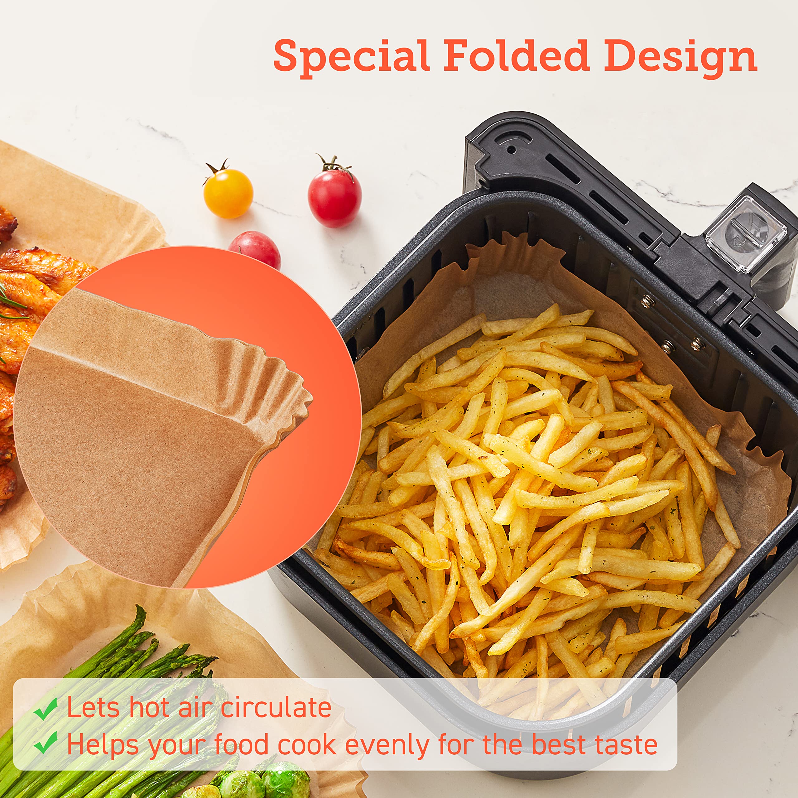 COSORI Air Fryer Liners, 100 PCS Square Disposable Paper Liners, Non-Stick Silicone Oil Coating, Little to No Cleaning, 7.9