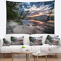 Designart ' Sunset at River Rock' Landscape Photo Tapestry Blanket Décor Wall Art for Home and Office, Created On Lightweight Polyester Fabric x Large: 80 in. x 68 in