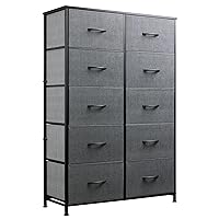 WLIVE 10-Drawer Dresser, Fabric Storage Tower for Bedroom, Hallway, Closets, Tall Chest Organizer Unit with Textured Print Fabric Bins, Steel Frame, Wood Top, Easy Pull Handle, Dark Grey