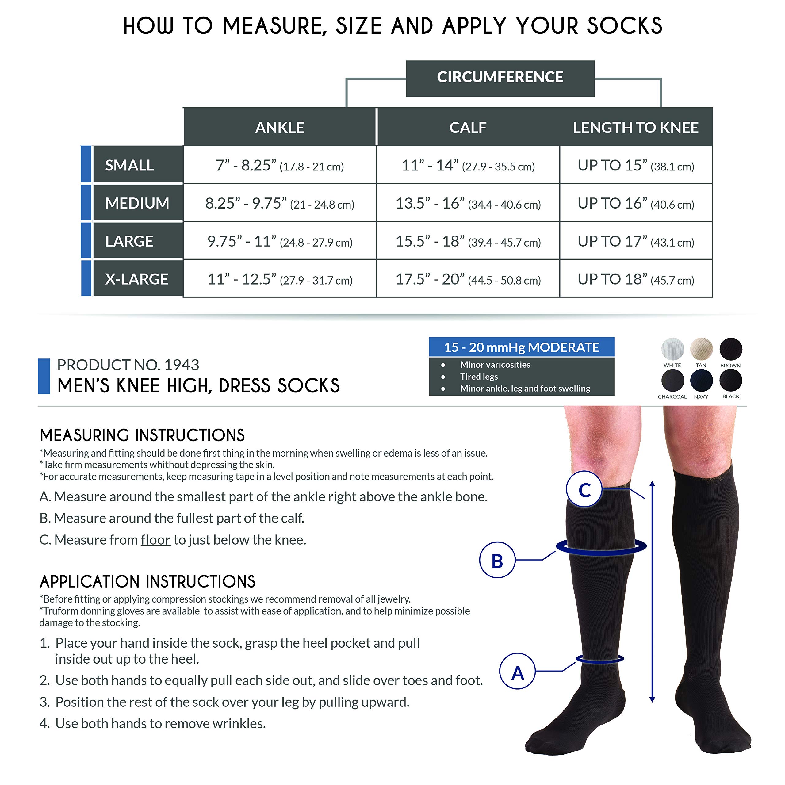 Truform Compression Socks, 15-20 mmHg, Men's Dress Socks, Knee High Over Calf Length