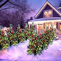 30 Inch Set of 8 Outdoor Pre Lit Pathway Christmas Trees for Porch Lighted Xmas Decor with LED Light, Red Berries, Pine Cones, Red Ornaments for Holiday Entrance Driveway, Yard, Garden, Urns