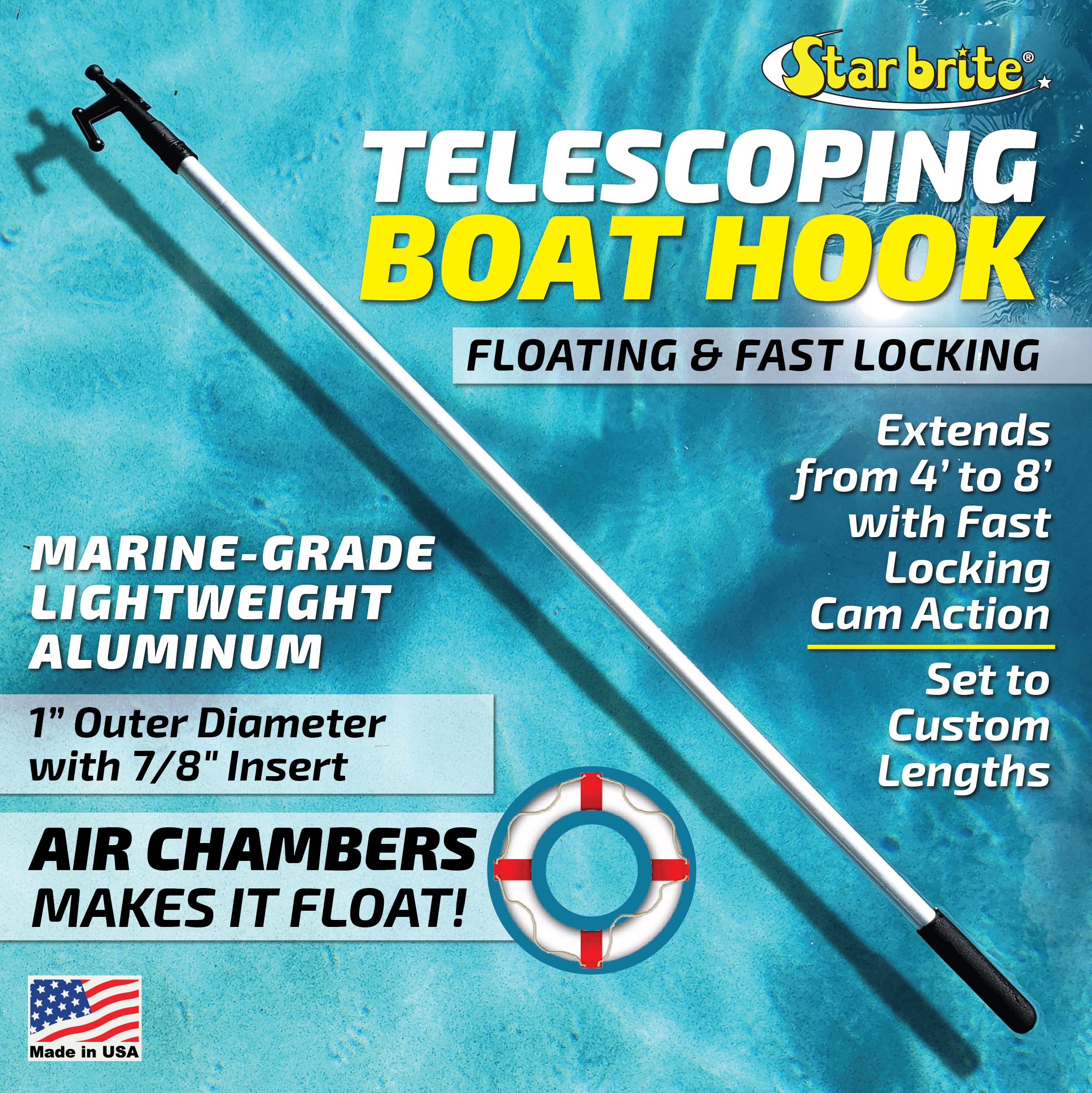 STAR BRITE Adjustable Boat Hook - Telescoping, Floating, Multi-Purpose - Extends from 4 ft. to 8 ft. - Reinforced Boat Gaff Pole - Ideal for Docking, Mooring (040609)