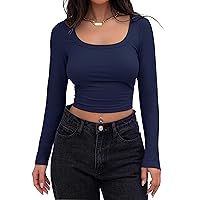 Women's Long Sleeve Square Neck Crop Top Ribbed Slim Fitted Y2K Casual T-Shirt Tops