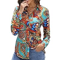 Womens Button-Down Shirts Long Sleeve Wrinkle Free Exquisite Print Fashion Casual Blouse Top XS-XXL