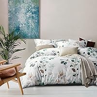 MILDLY 100% Long-Staple Cotton Duvet Cover Set Teal Blue Green Leaf Pattern Printed Comforter Cover 3pcs, Ultra Soft & Breathable Bedding Set