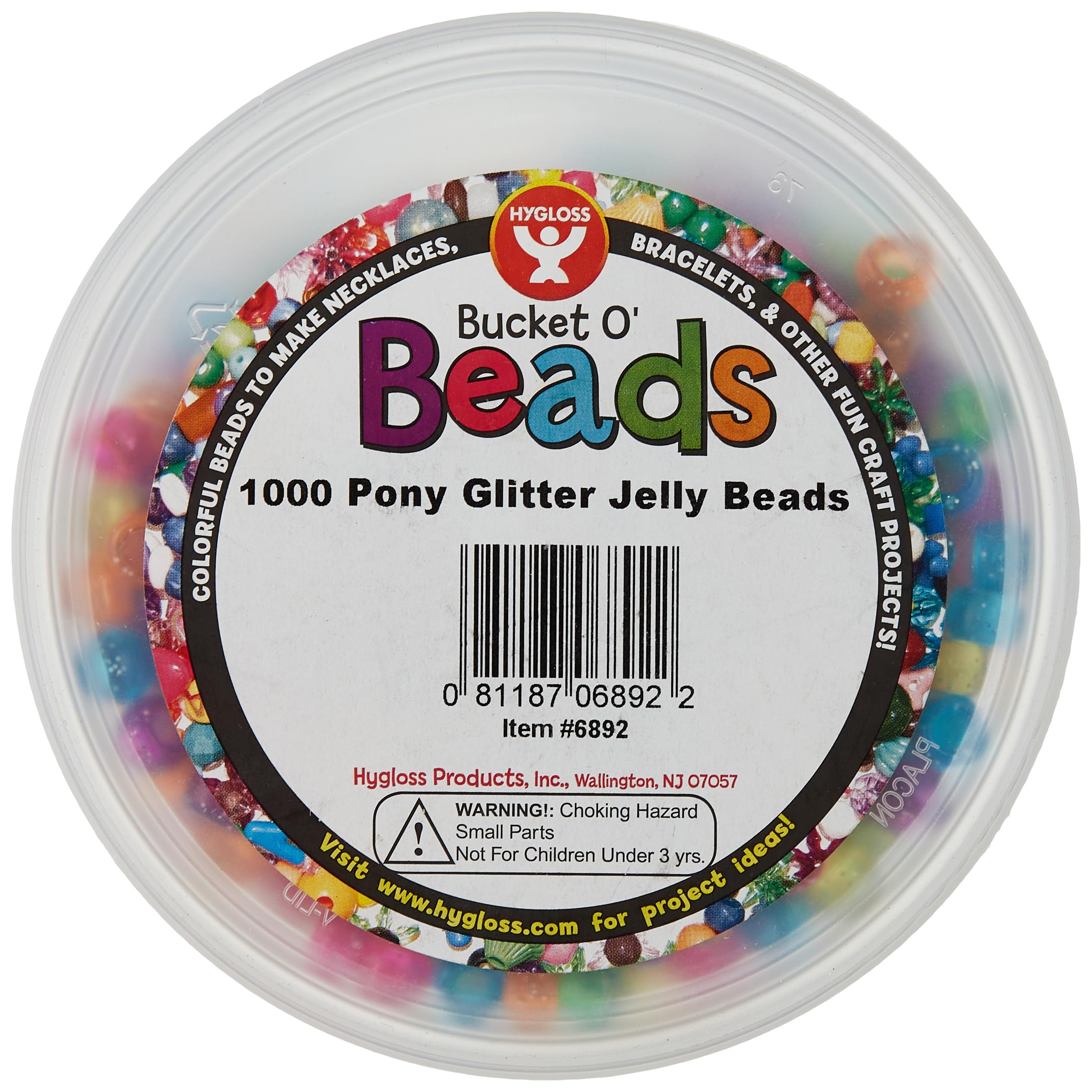 Hygloss Products Bucket O’Beads - Plastic Pony Bead Assortment for Crafts, Jewelry, Keychains and More - Reusable Container - Glitter Jelly Assorted Colors - 6x9 mm - 1,000 Pcs,6892