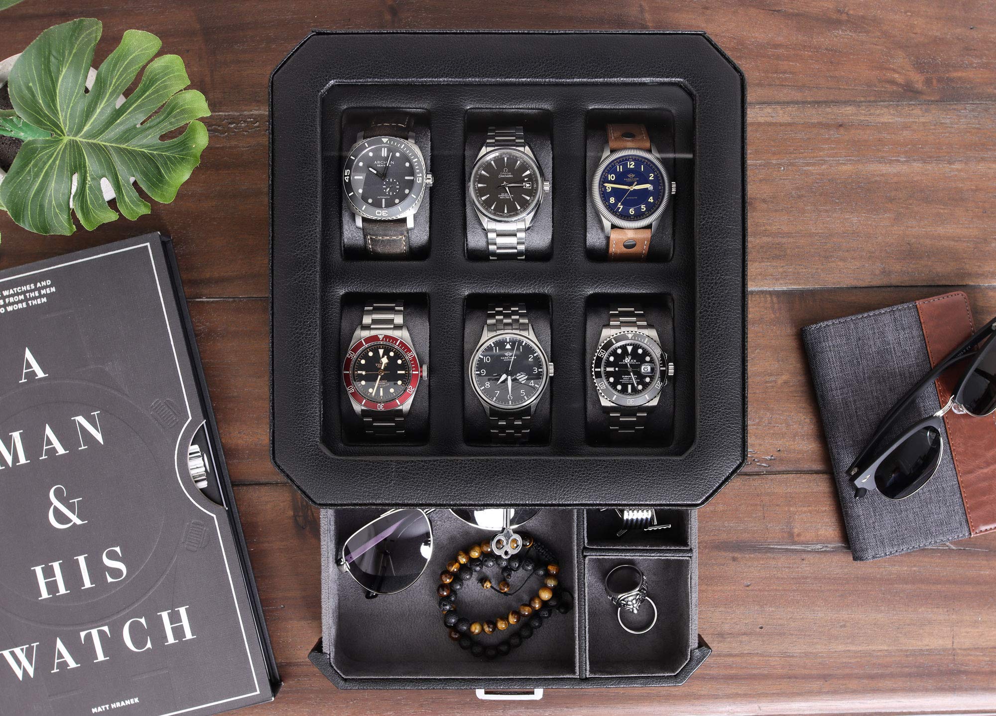 ROTHWELL Gift Set 6 Slot Leather Watch Box & Matching 5 Watch Travel Case - Luxury Watch Case Display Organizer, Locking Mens Jewelry Watches Holder, Men's Storage Boxes Glass Top Black/Grey