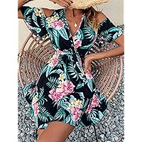 Women's Dress Tropical Print Cold Shoulder Belted Dress Summer Dress (Size : X-Large)