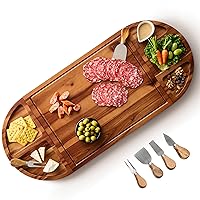 Acacia Large Charcuterie Board & 4 Knives Set - 3 Part Long & Round Magnetic Cheese Boards Wooden - Extra Large Charcuterie Board Serving Platter - Acacia Wood Serving Board (30 x 13 Inch)