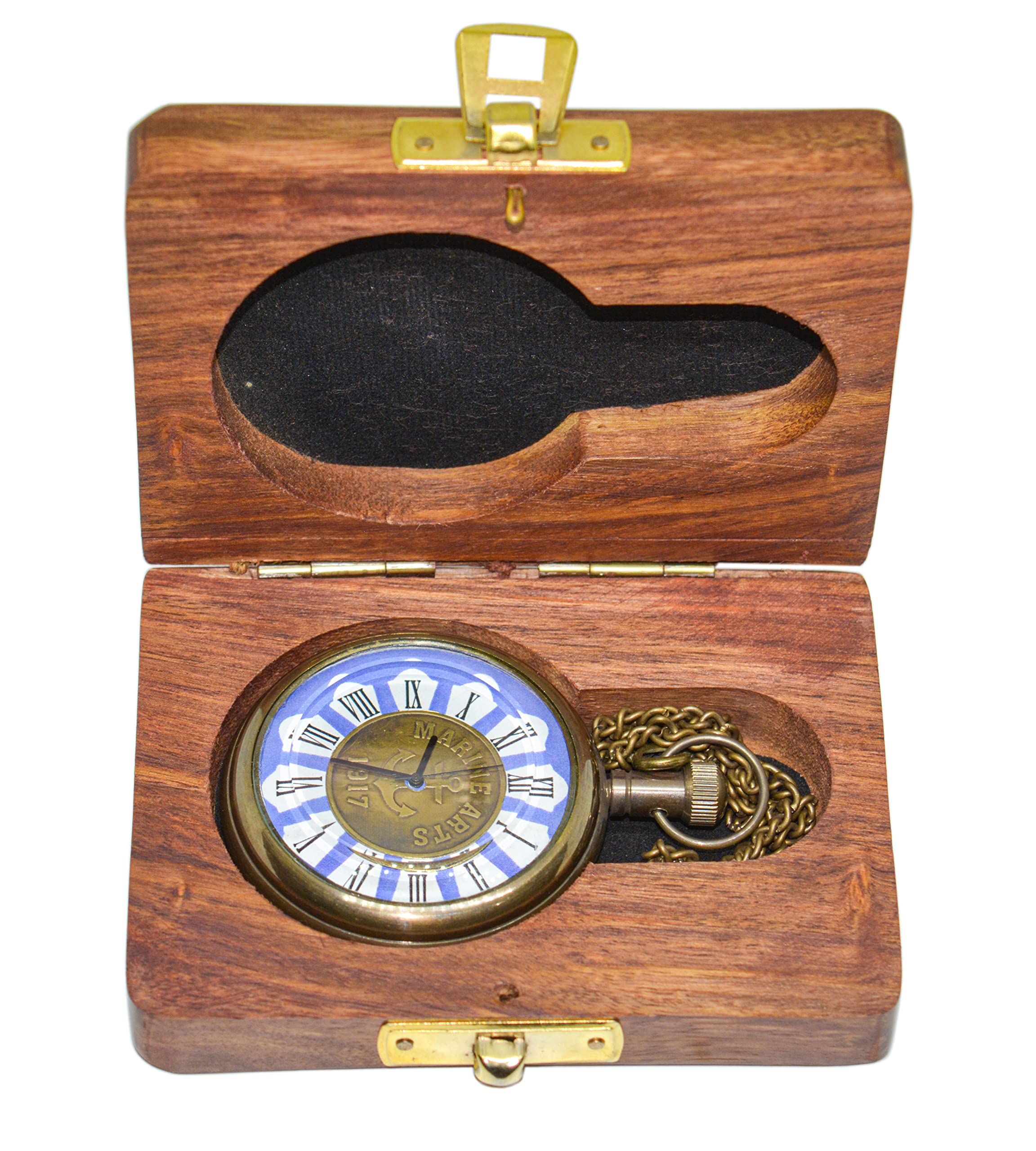 Hassanhandicrafts Antique Vintage Maritime Marine Art Brass Pocket Watch Fob Chronometer with Wooden Box
