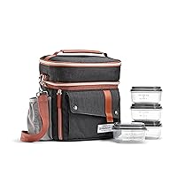 Fit & Fresh Foundry Extra Large Insulated Lunch Box for Men & Women, Large Lunch Bag for Meal Prep, Double Decker Adult Lunch Box for Men with Containers, Adjustable Strap, Dual Compartment, Black