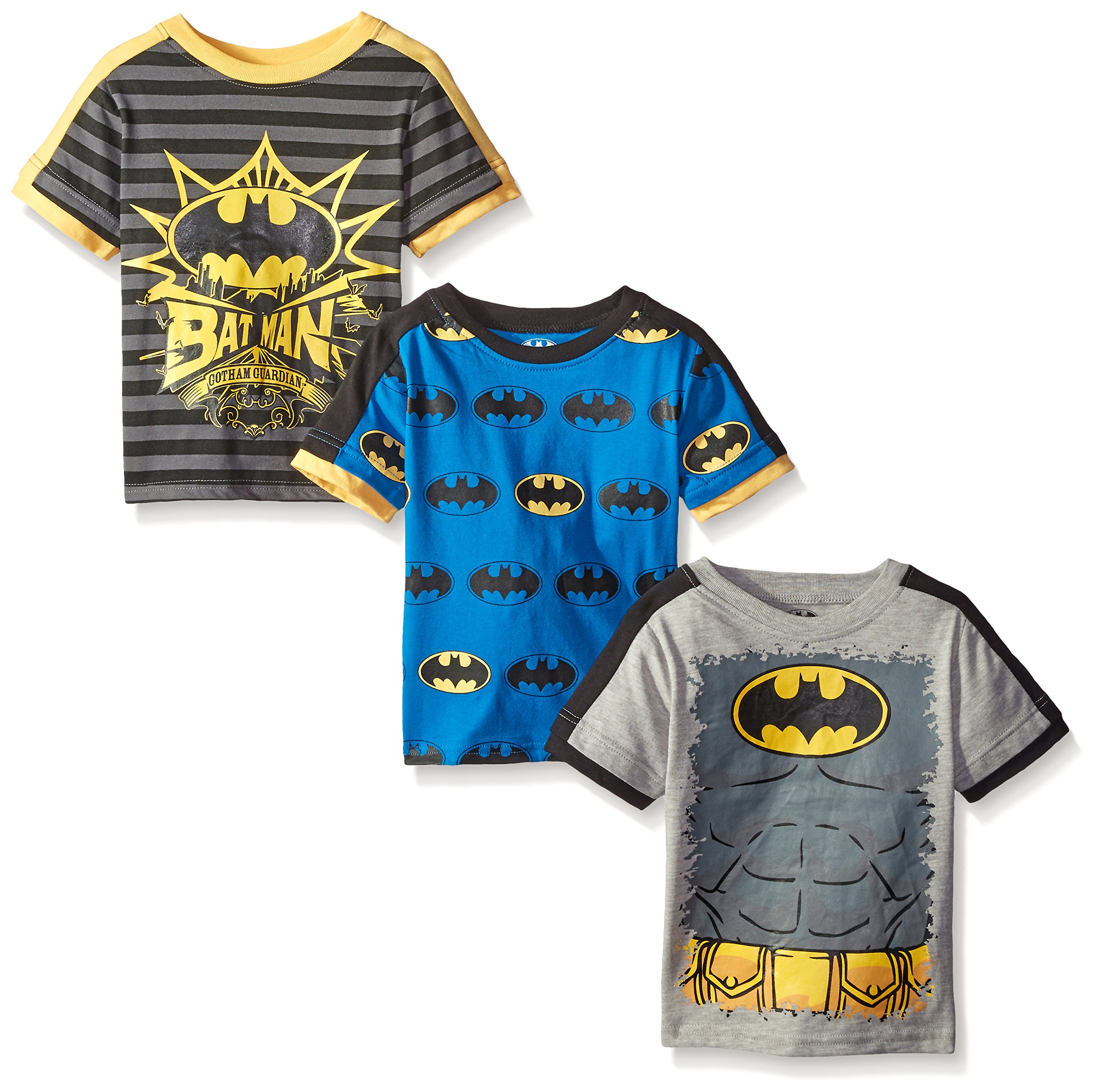 DC Comics Batman Boys 3 Pack T-Shirt for Toddler and Little Kids – Blue/Yellow/Grey