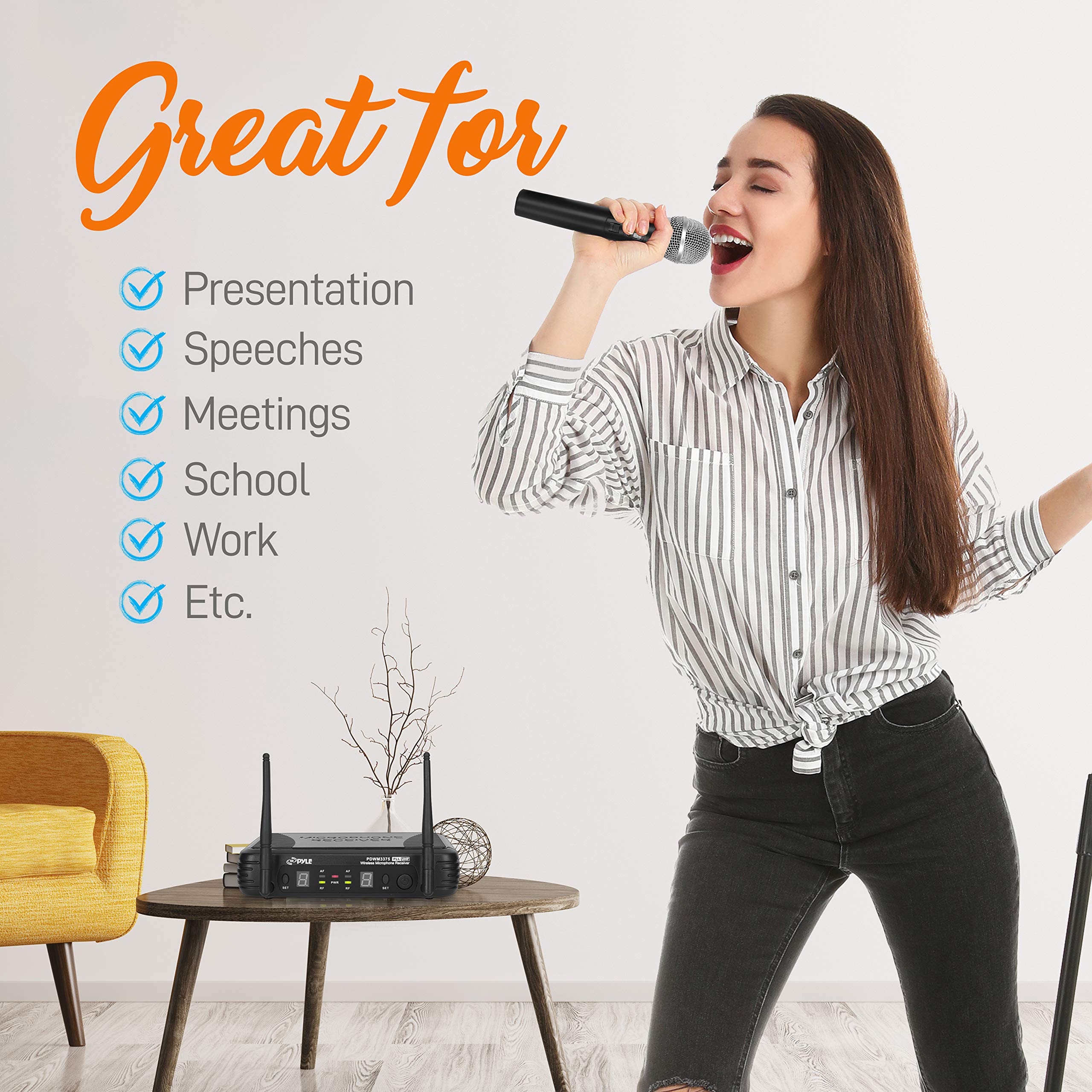 PYLE-PRO Professional Wireless Microphone System - Dual UHF Band, Wireless, Handheld, 2 MICS With 8 Selectable Frequency Channels, Independent Volume Controls, AF & RF Signal Indicators - PDWM3375