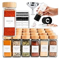 24 Glass Spice Jars with Label, Bamboo Spice Jar Set 4oz Seasoning Containers with Labels, Pepper Grinder, 374 Spice Labels, Spice Bottles Funnel, Empty Spice Jars and Shaker Lids Spice Containers