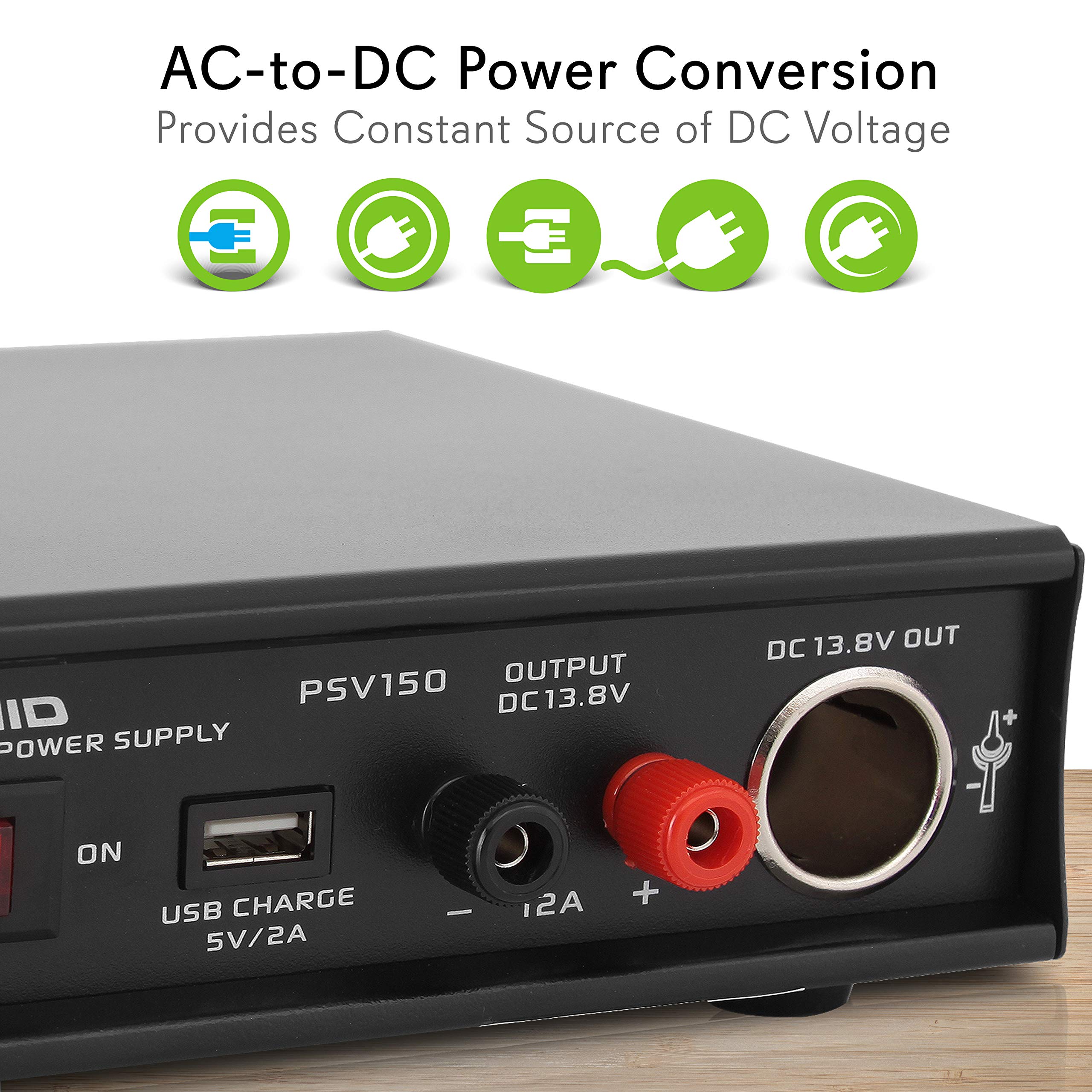 Pyramid Universal AC-DC 12V Power Supply Converter: Dual 115/230V AC Input, USB Port, Car Cigarette Lighter Socket Screw Terminal, Cooling Fan - for Home and Lab Use