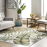 nuLOOM Elen Machine Washable Natural Leaves Ultra Thin Area Rug, 4x6, Olive