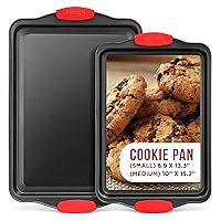 2 Piece Set Nonstick Carbon Steel Oven Bakeware -Professional Quality Kitchen Cooking Baking Trays -PFOA, PFOS, PTFE-Free Medium & Large Baking Sheet Pans with Red Silicone Handles