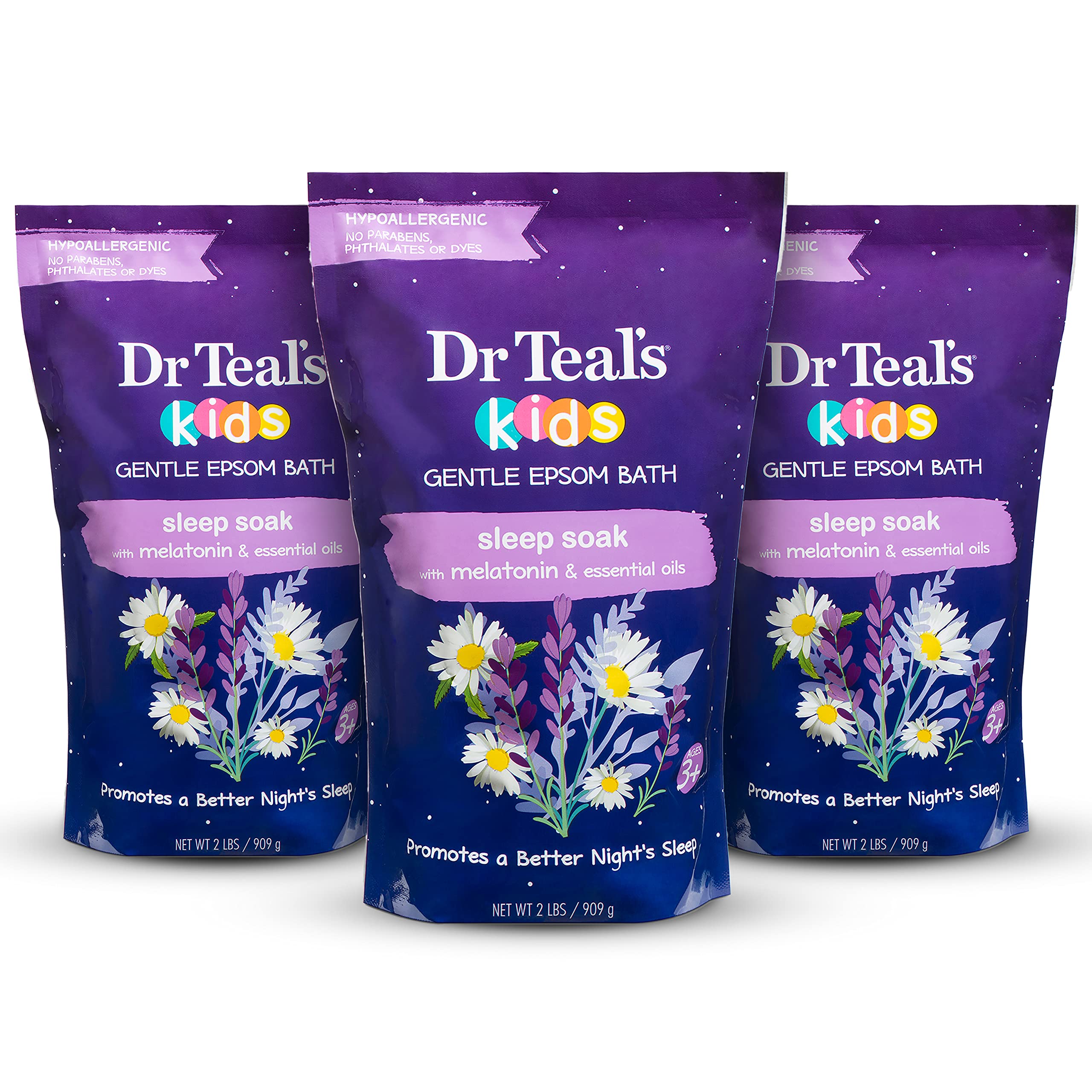 Dr Teal's Kids Gentle Epsom Salt, Sleep Soak with Melatonin, 2 lbs (Pack of 3) (Packaging May Vary)