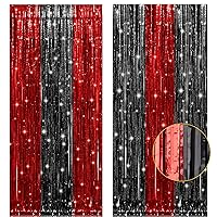 2 Pack 3.2x8.2 Feet Black and Red Foil Fringe Curtains Party Decorations, Tinsel Curtain Backdrop Streamers for Birthday Graduation Fiesta Stranger Theme Halloween Christmas Party Supplies