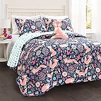 Lush Decor Pixie Fox Reversible Quilt Set, 3 Piece Set, Twin, Navy & Pink - Twin Bedding Sets for Girls - Whimsical Quilt for Kids & Toddlers -Floral & Heart Print - Woodland Bedroom Decor