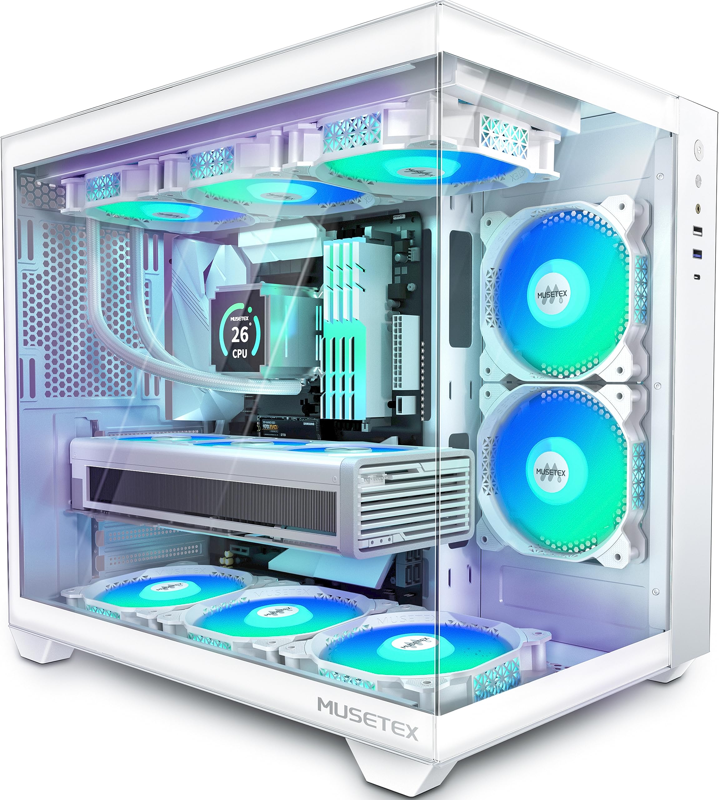 MUSETEX ATX PC Case,5 PWM ARGB Fans Pre-Installed,360MM RAD Support,Type-C Gaming PC Case,270° Full View Tempered Glass Mid Tower PC Case,Pure White ATX Computer Case,Y6