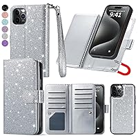Varikke for iPhone 15 Pro Wallet Case, Detachable Magnetic Wallet Case Fits iPhone 15 Pro with Card Holder & Kickstand, Glitter PU Leather Wrist Strap Phone Cases for iPhone 15 Pro 6.1